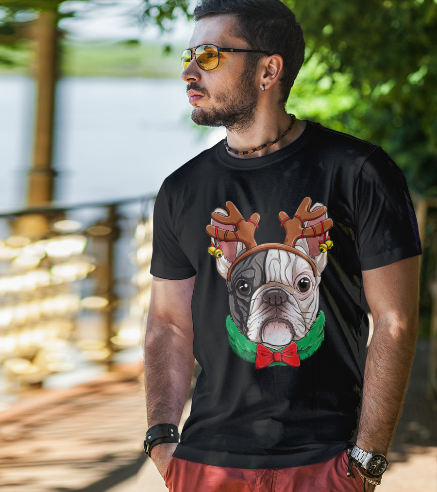 French Bulldog With Christmas Reindeer Antlers And Bow Tie T-Shirt