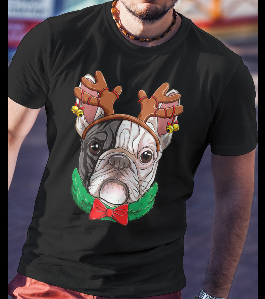 French Bulldog With Christmas Reindeer Antlers And Bow Tie T-Shirt