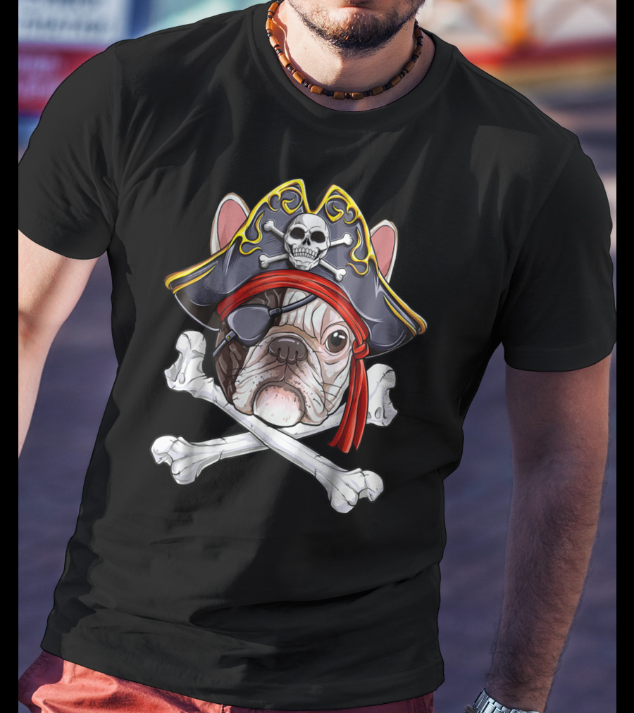 French Bulldog Pirate Jolly Roger Crossbones Skull Eyepatch T-Shirt