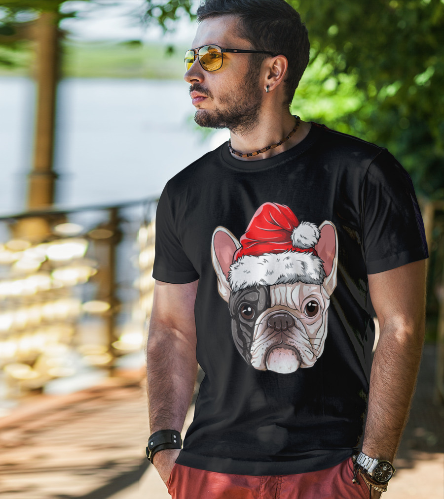 French Bulldog Wearing Santa Hat T-Shirt