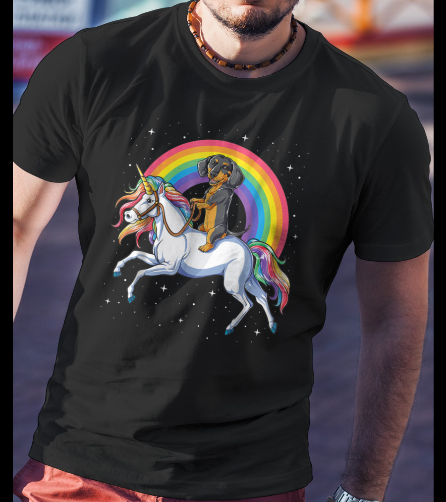 Dachshund Riding Unicorn Space Galaxy Rainbow Kids Women T-Shirt