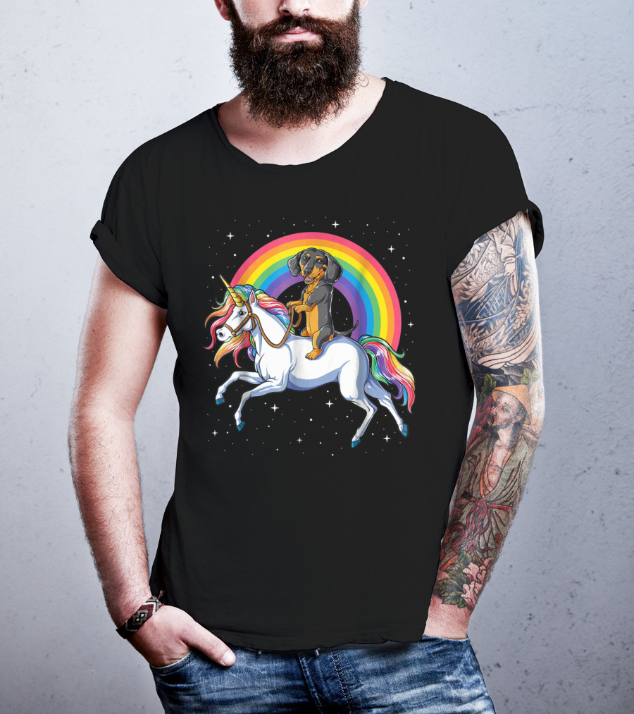Dachshund Riding Unicorn Space Galaxy Rainbow Kids Women T-Shirt