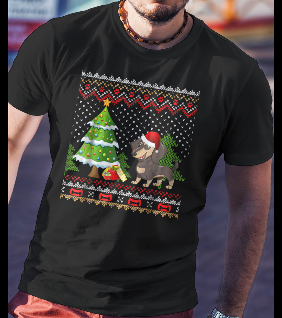 Dachshunds Santa Christmas UglyDog Festive Sweater Holiday Tree T-Shirt