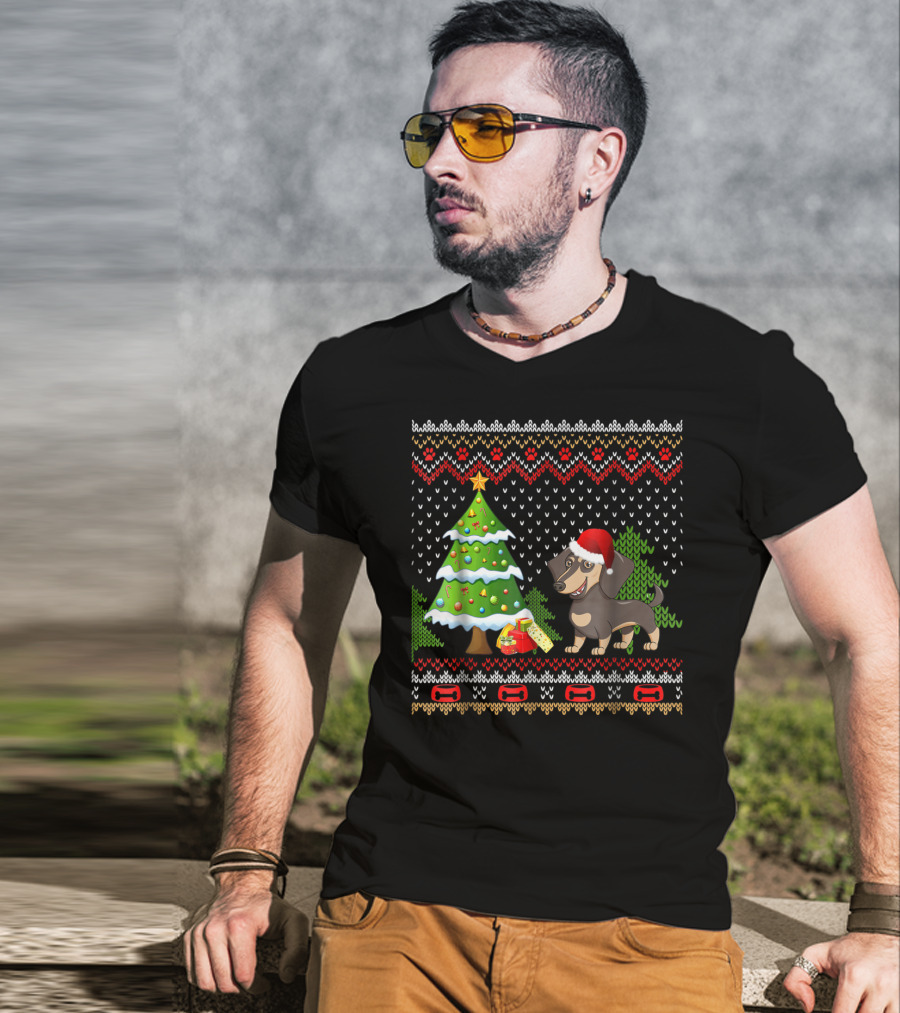 Dachshunds Santa Christmas UglyDog Festive Sweater Holiday Tree T-Shirt