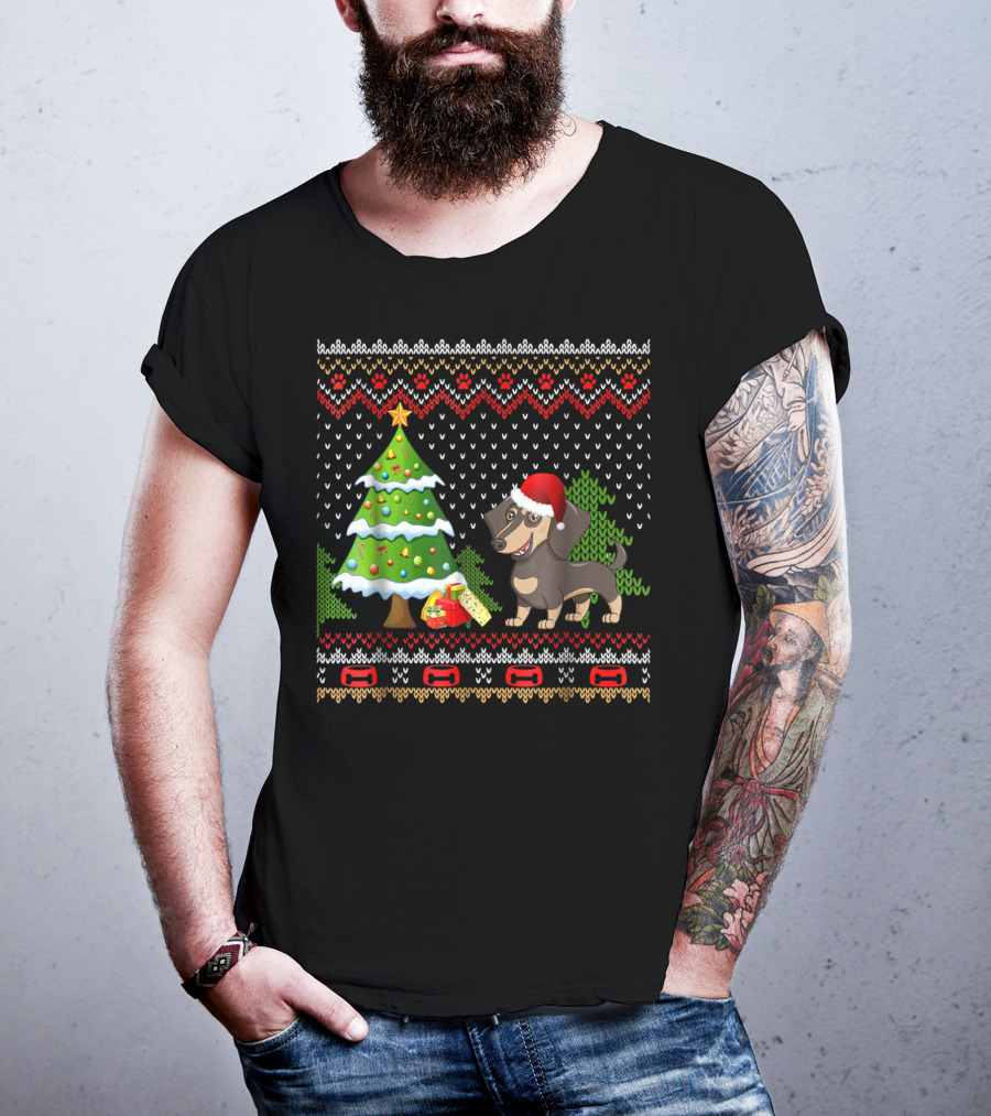 Dachshunds Santa Christmas UglyDog Festive Sweater Holiday Tree T-Shirt