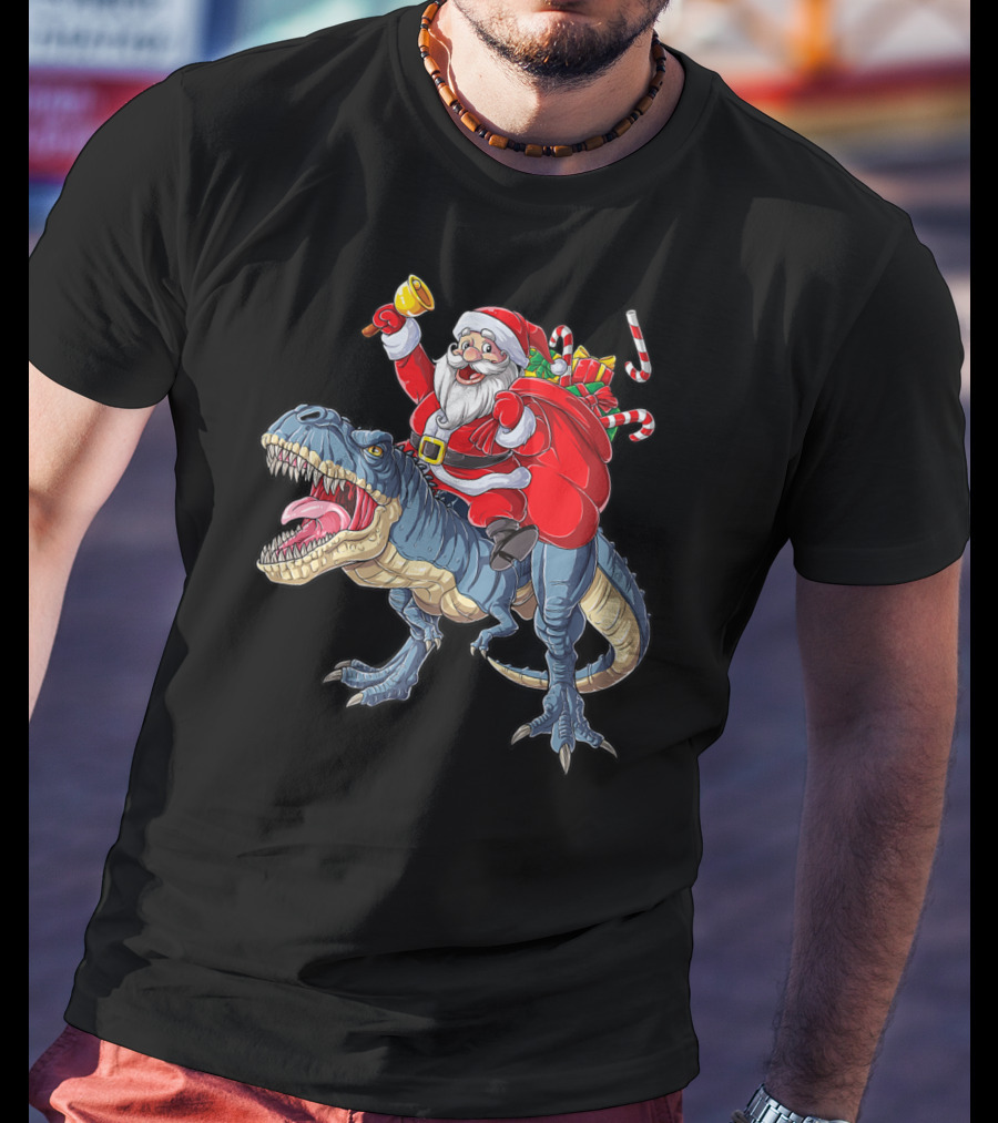 Santa Claus Riding Dinosaur With Bell And Holiday Gifts Christmas Boys Santa Rex Kids Xmas T3 T-Shirt