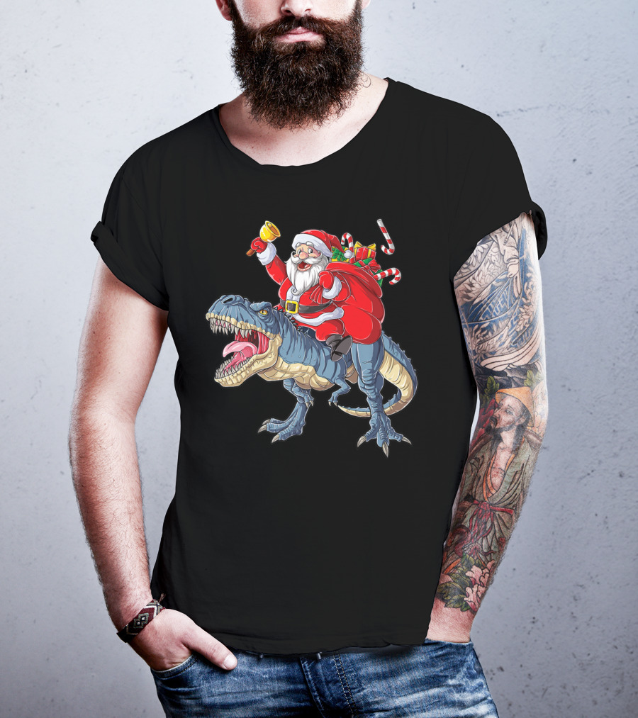 Santa Claus Riding Dinosaur With Bell And Holiday Gifts Christmas Boys Santa Rex Kids Xmas T3 T-Shirt