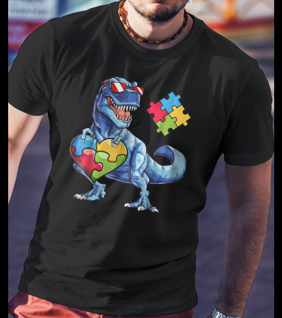Dinosaur With Puzzle Pieces Heart Autism Awareness T-Shirt