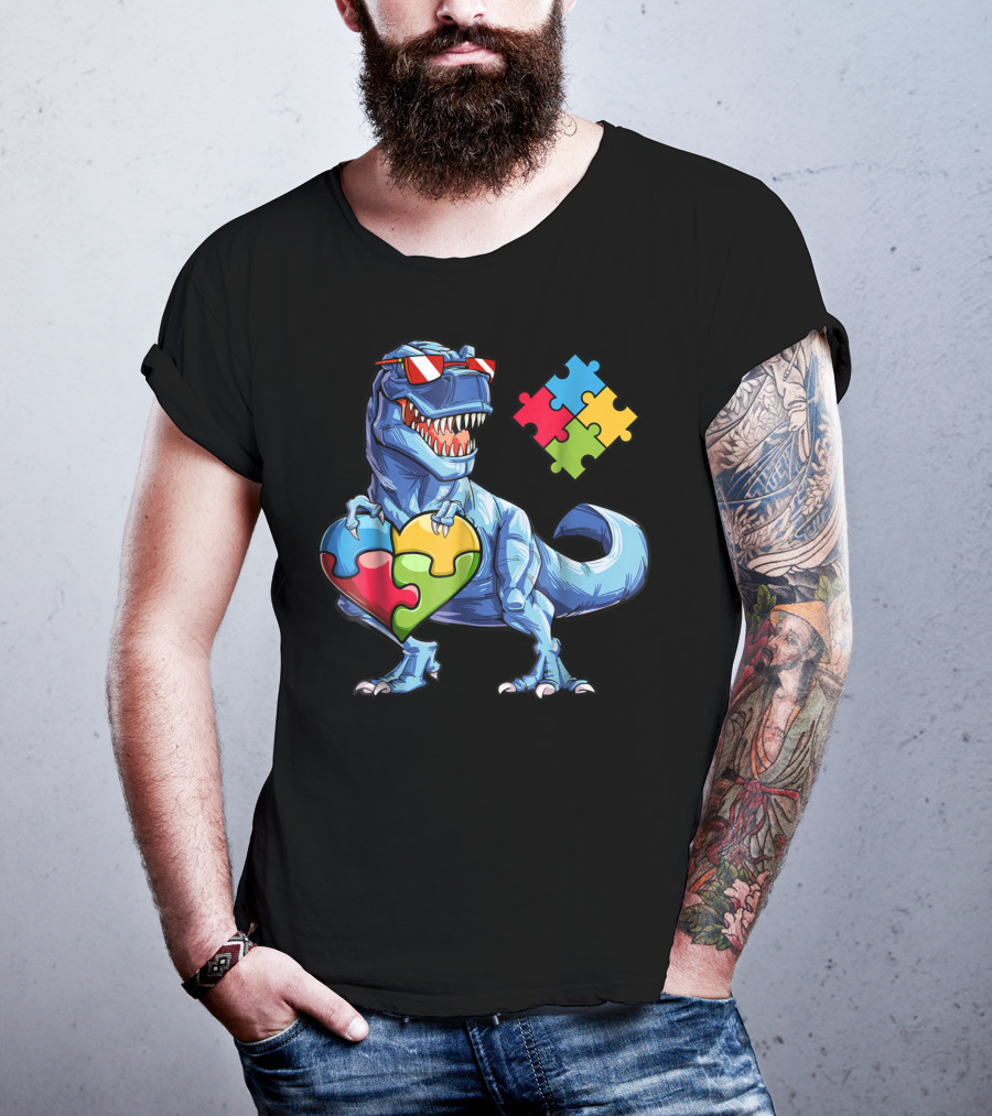 Dinosaur With Puzzle Pieces Heart Autism Awareness T-Shirt