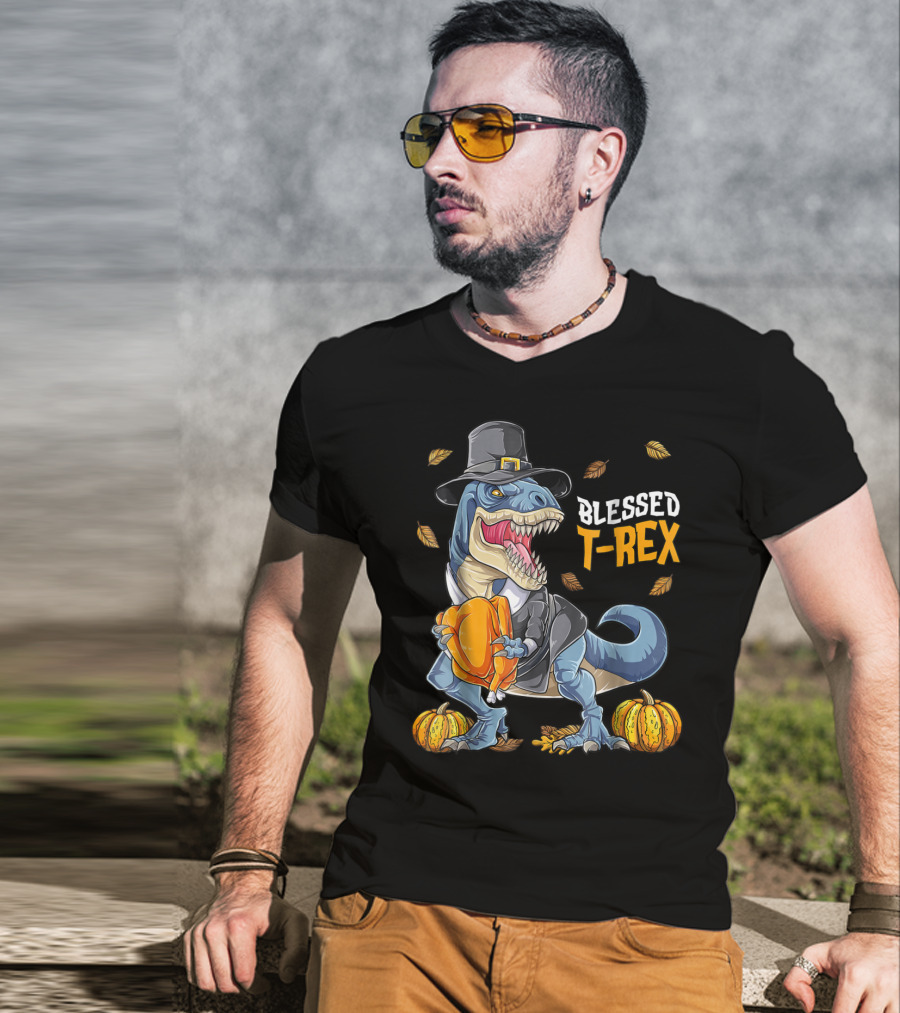 Blessed T-Rex Thanksgiving Pilgrim Dinosaur With Pumpkins T-Shirt