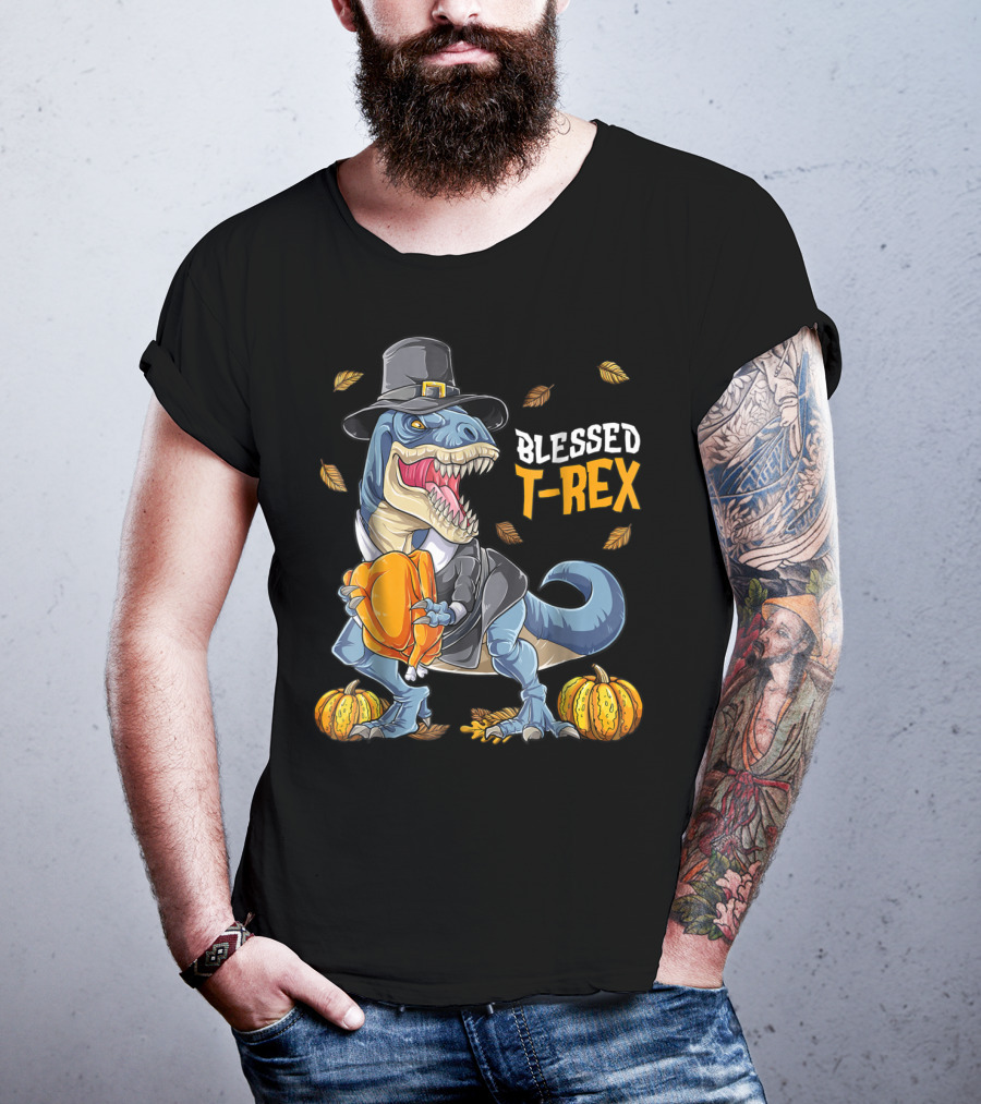 Blessed T-Rex Thanksgiving Pilgrim Dinosaur With Pumpkins T-Shirt