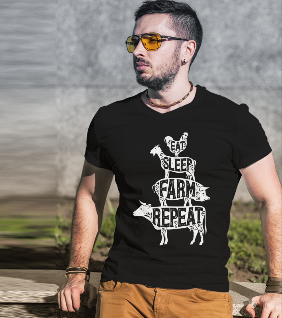 Eat Sleep Farm Repeat Farmer Goat Pig Cow Rooster T-Shirt