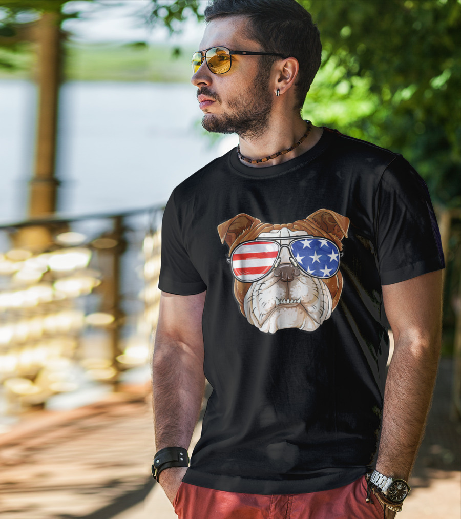 English Bulldog Wearing American Flag Sunglasses T-Shirt