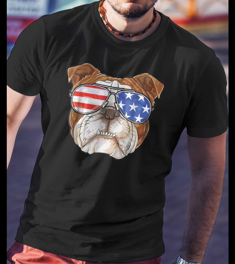 English Bulldog Wearing American Flag Sunglasses T-Shirt