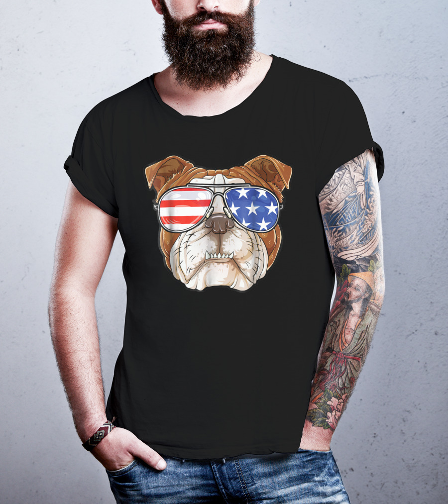 English Bulldog Wearing American Flag Sunglasses T-Shirt
