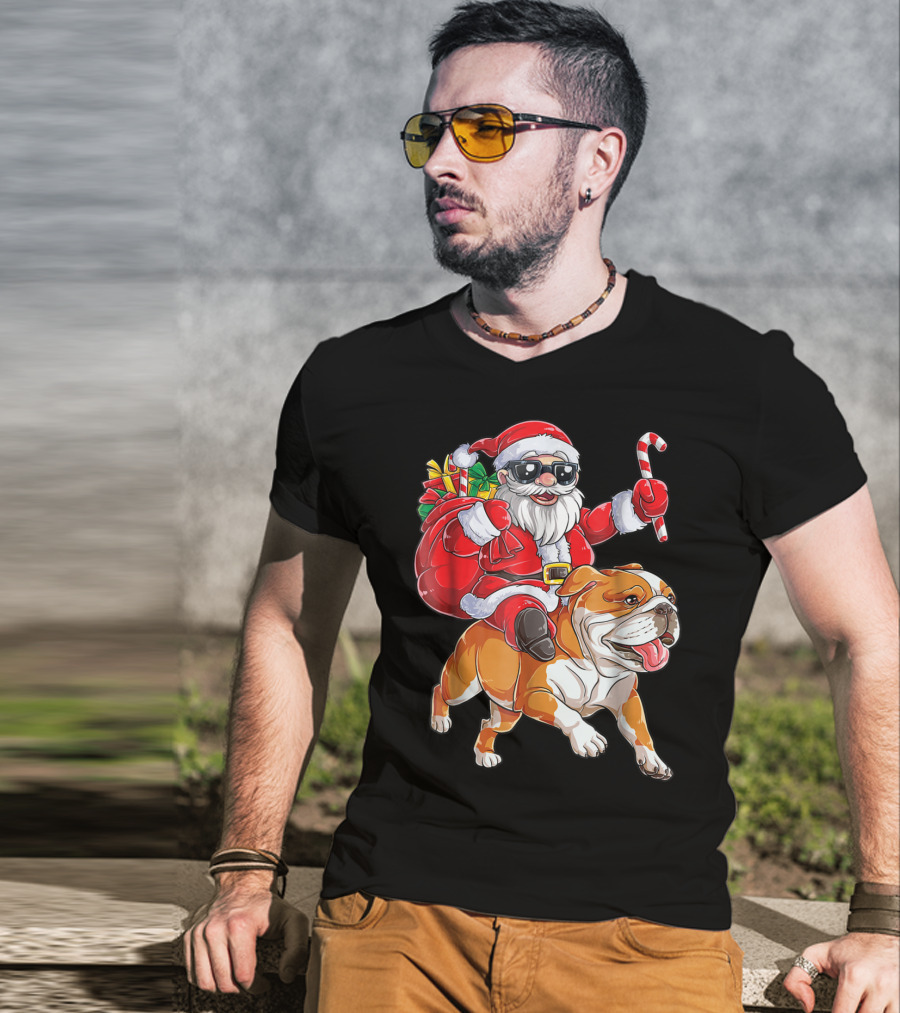 English Bulldog Santa Claus Riding With Candy Cane And Gifts Christmas Woofmas T-Shirt