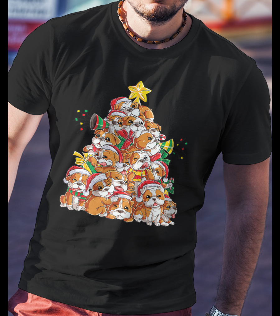 English Bulldog Xmas Tree Boys With Santa Hats And Christmas Cheer T-Shirt