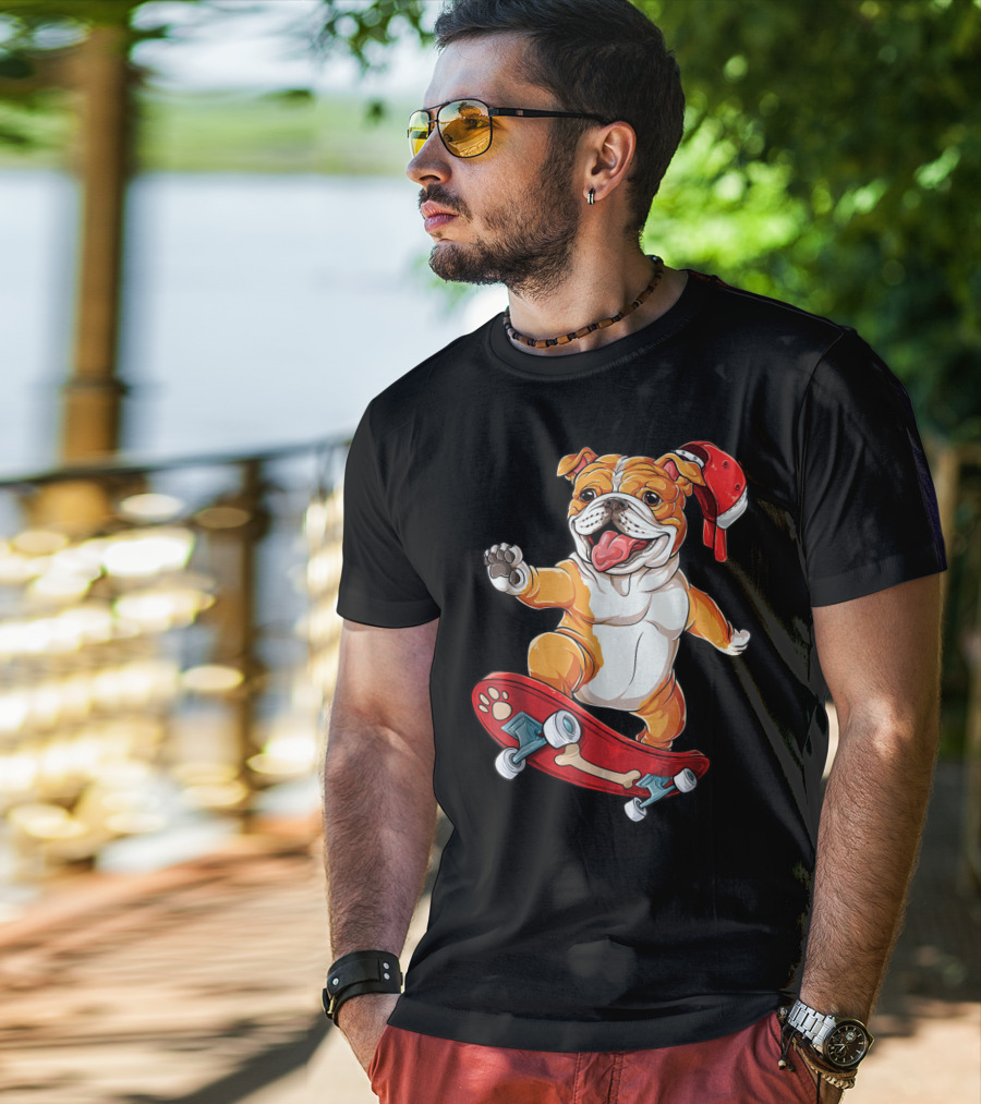 English Bulldog With Red Cap Skating On Bone Deck Skateboard T-Shirt