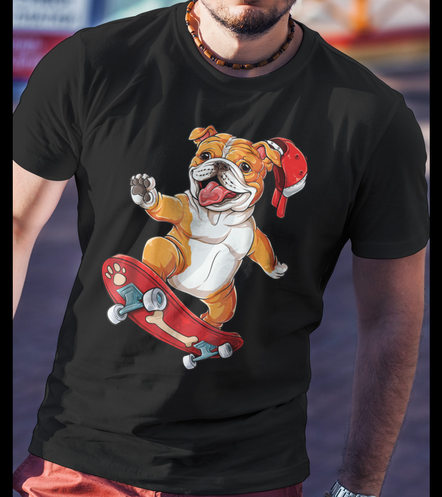 English Bulldog With Red Cap Skating On Bone Deck Skateboard T-Shirt