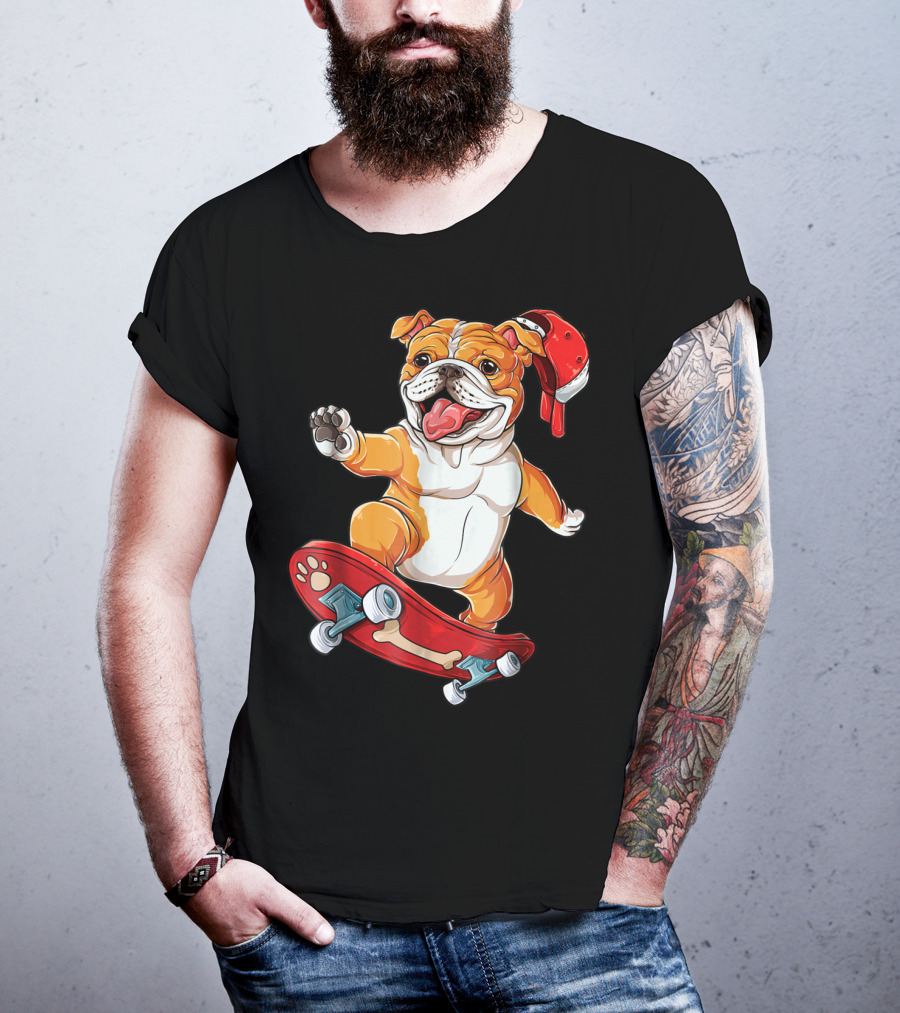 English Bulldog With Red Cap Skating On Bone Deck Skateboard T-Shirt