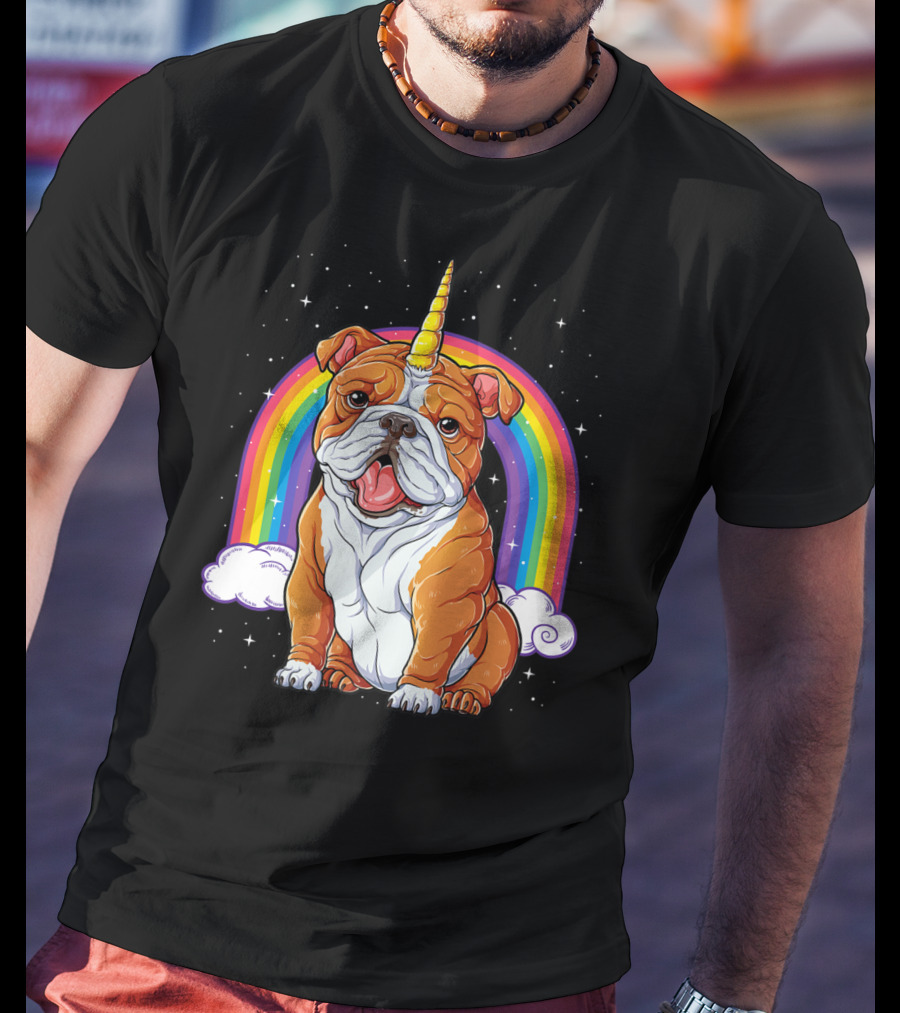 English Bulldog Unicorn Rainbow Space Galaxy T-Shirt