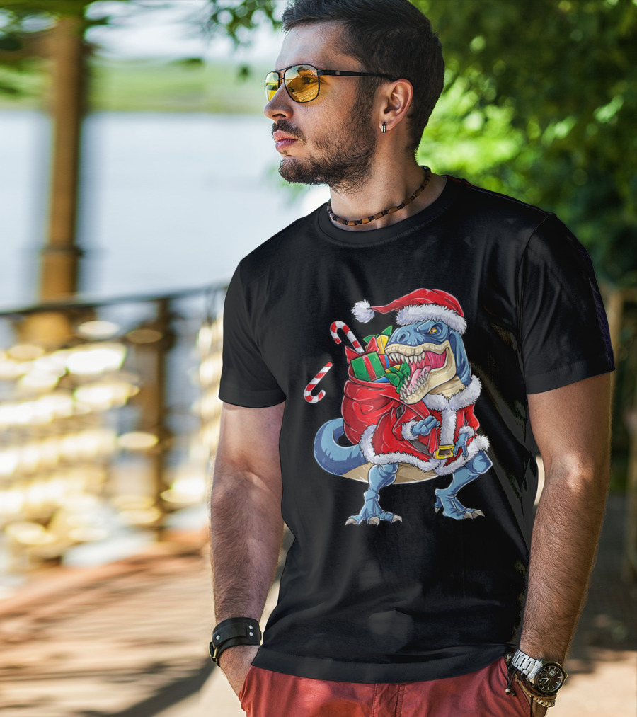 Dinosaur Christmas Boys Santa Rex With Candy Canes And Gifts T-Shirt