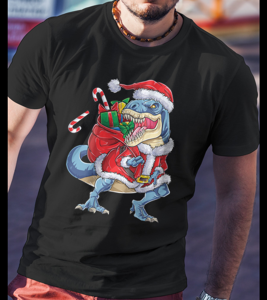 Dinosaur Christmas Boys Santa Rex With Candy Canes And Gifts T-Shirt
