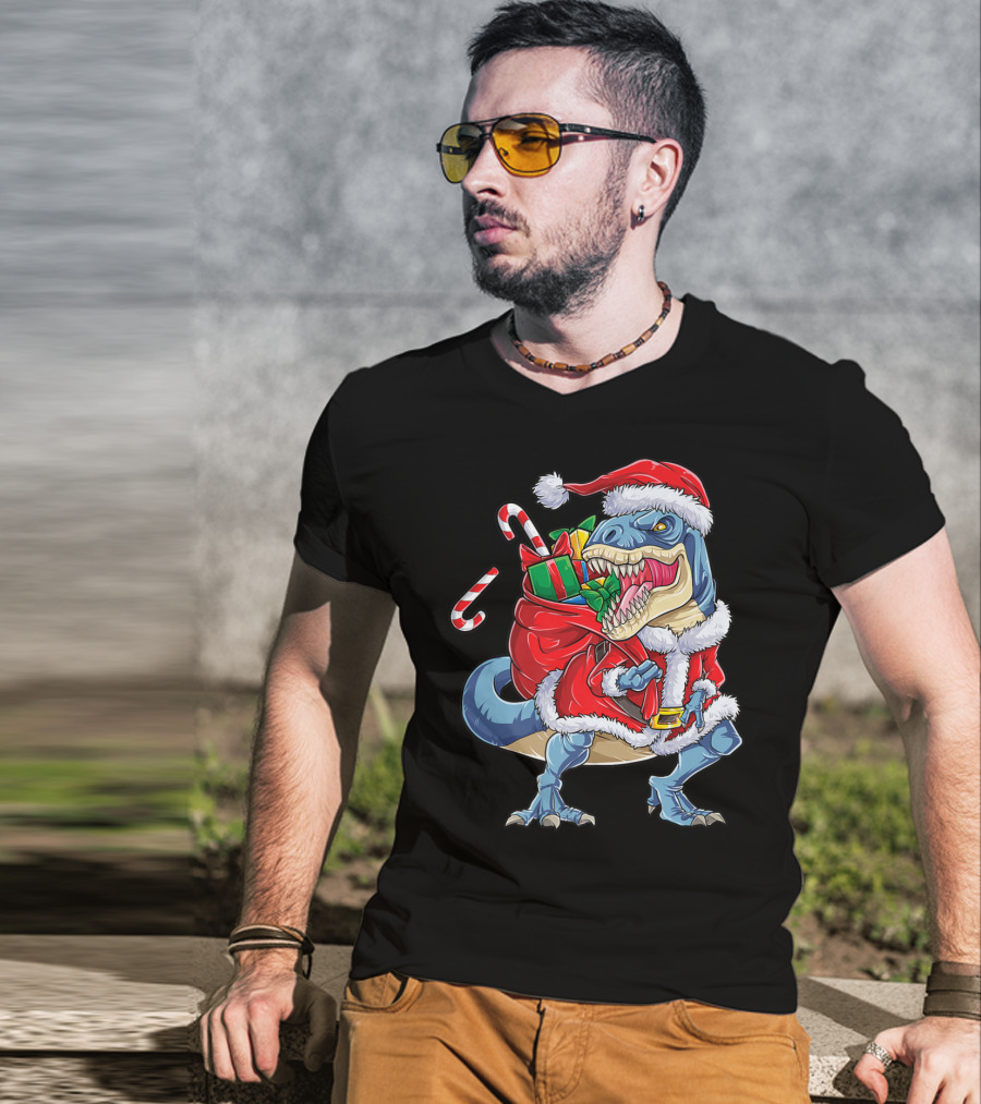 Dinosaur Christmas Boys Santa Rex With Candy Canes And Gifts T-Shirt