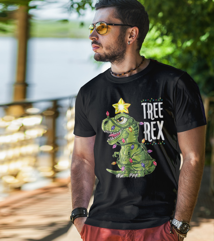 Tree Rex Dinosaur Wrapped In Christmas Lights With Star T-Shirt