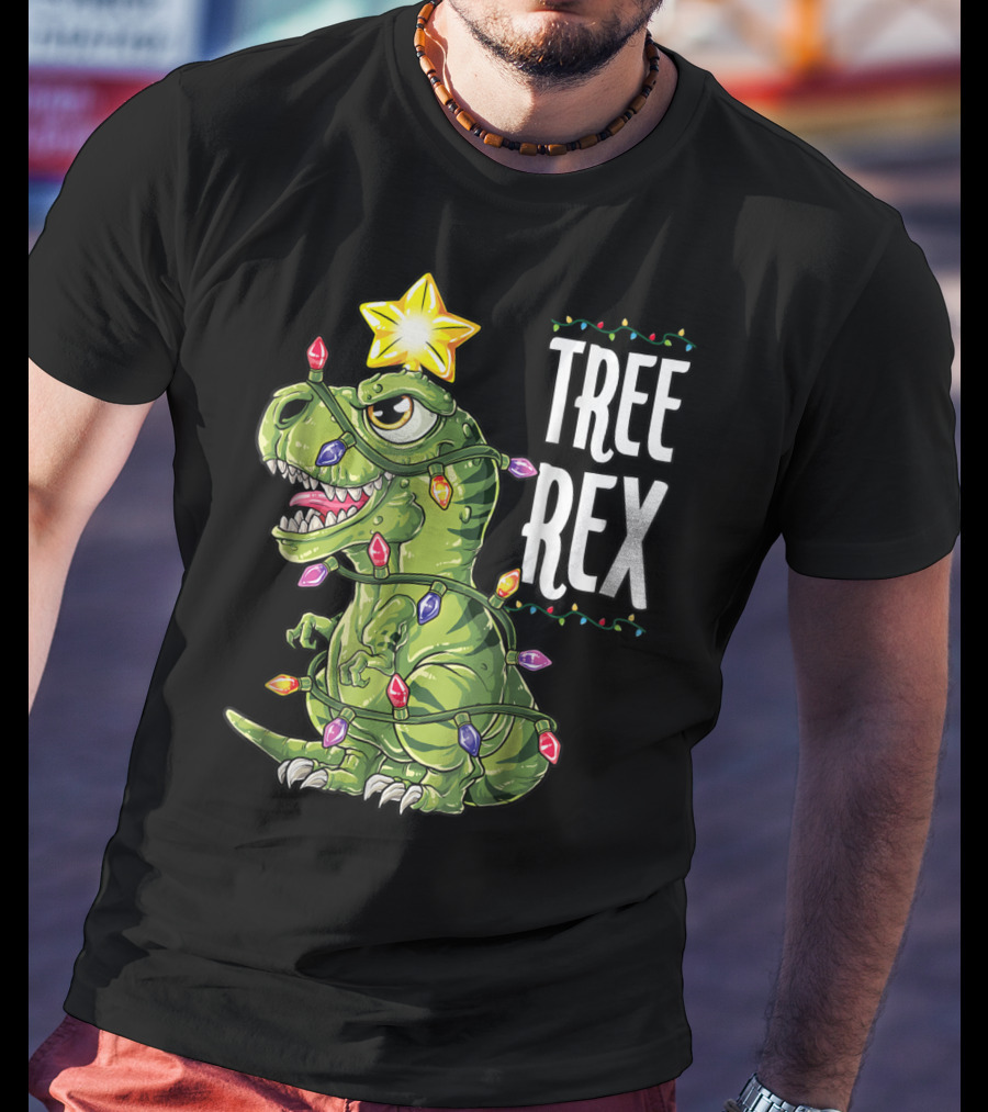 Tree Rex Dinosaur Wrapped In Christmas Lights With Star T-Shirt
