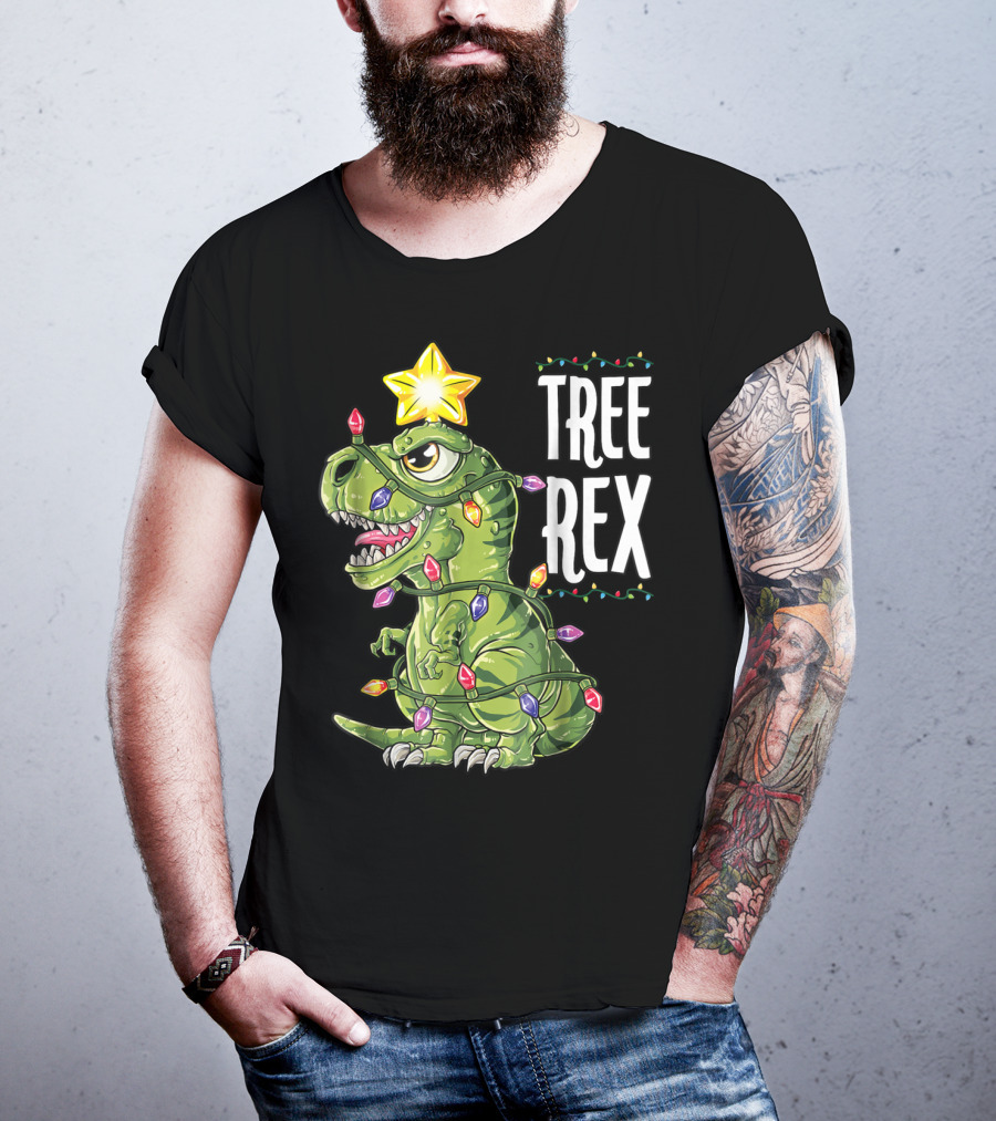 Tree Rex Dinosaur Wrapped In Christmas Lights With Star T-Shirt