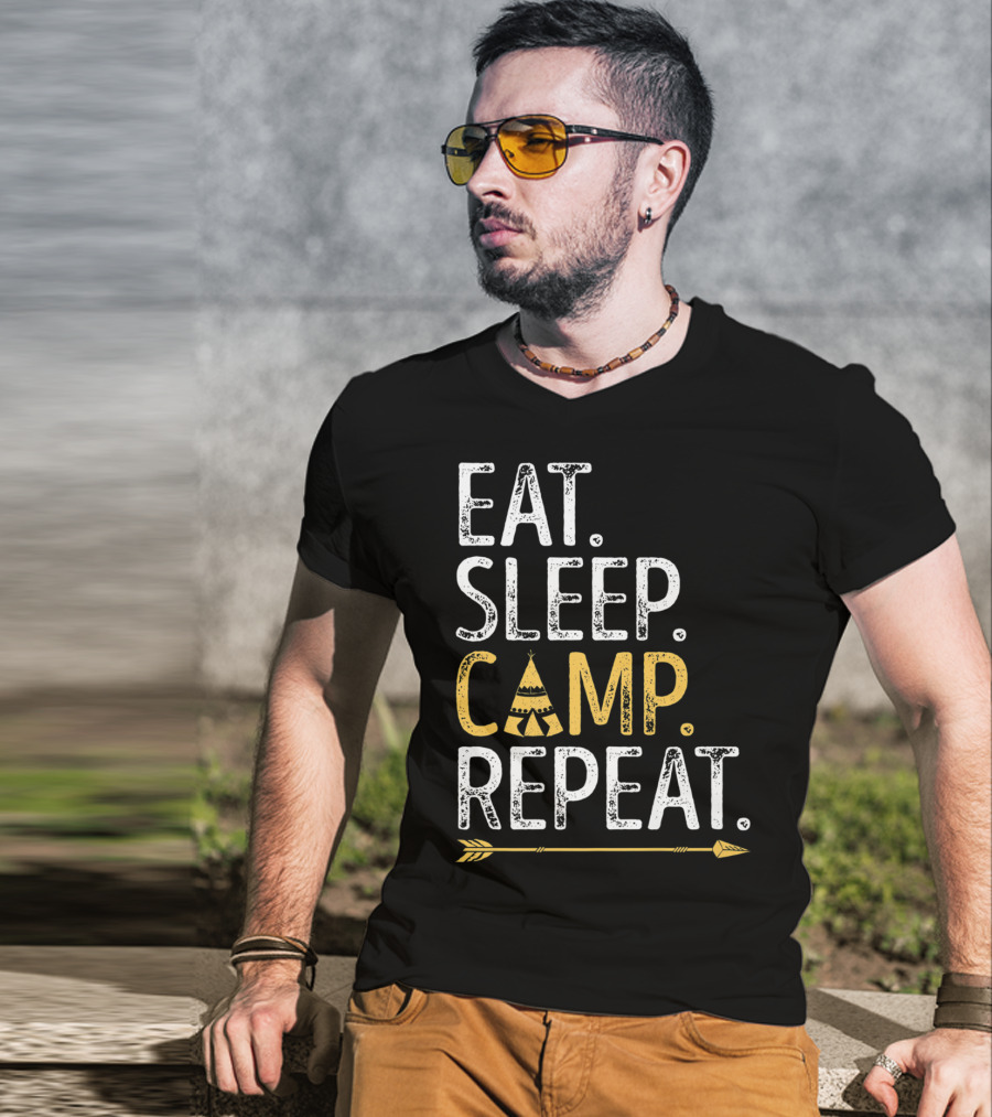 Eat Sleep Camp Repeat Camping Camper Tent Arrow T-Shirt