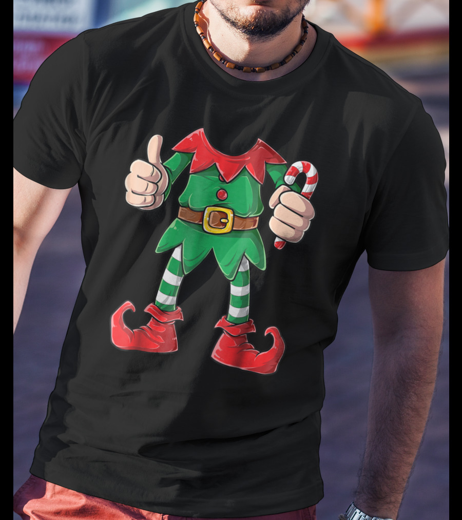 Elf Christmas Costume Holiday Outfit With Candy Cane And Thumbs Up For Girls Boys T-Shirt