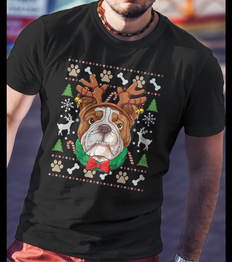 English Bulldog Reindeer Antlers Christmas Ugly T-Shirt