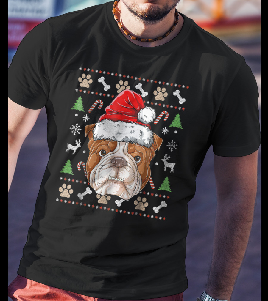 English Bulldog Santa Hat Ugly Christmas Sweater Paws Reindeer Bones Candy Canes T-Shirt