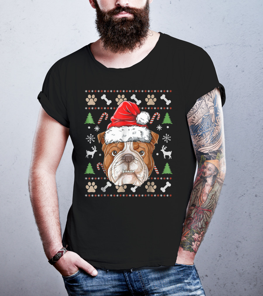 English Bulldog Santa Hat Ugly Christmas Sweater Paws Reindeer Bones Candy Canes T-Shirt