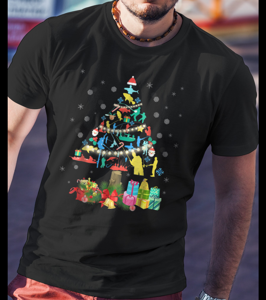 Fishing Christmas Pine Tree Santa Holiday Gift Presentation T-Shirt