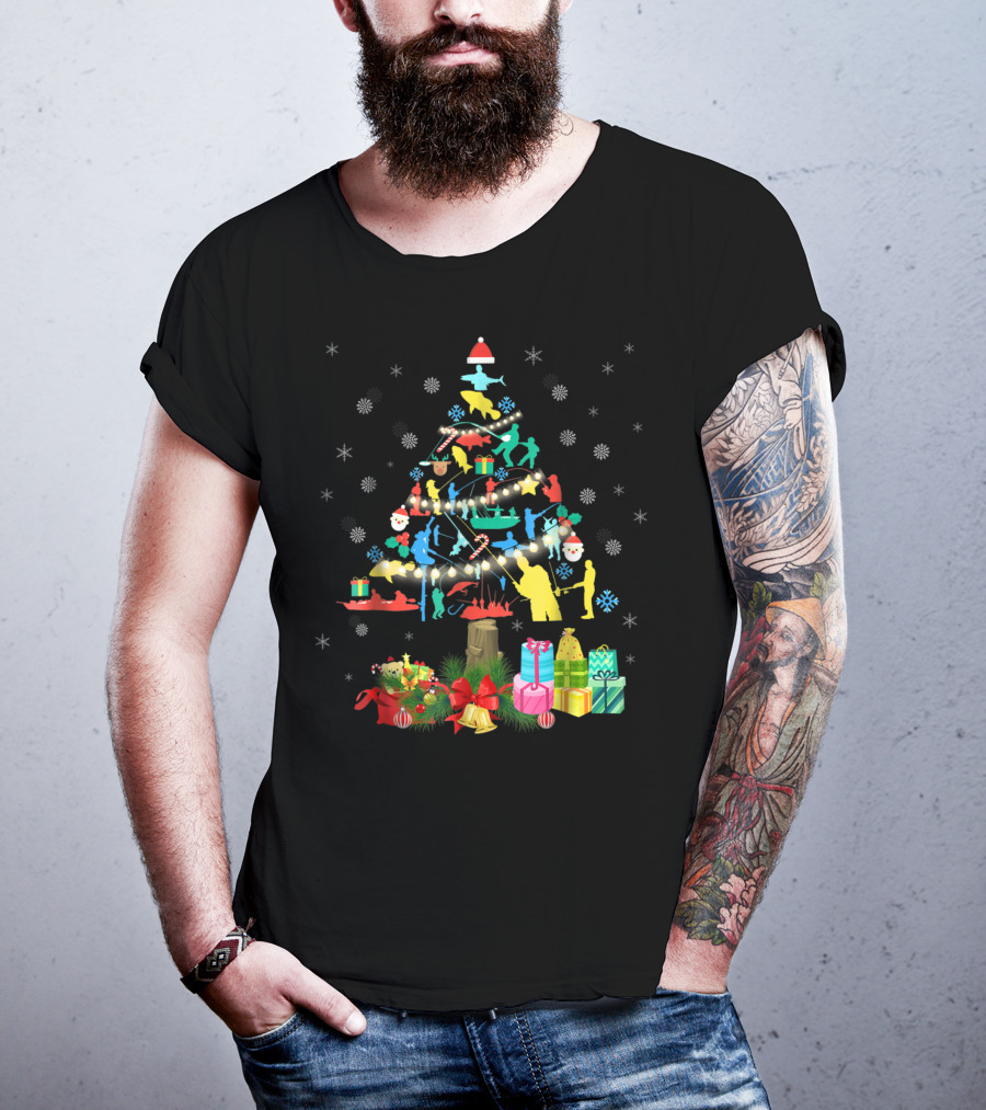 Fishing Christmas Pine Tree Santa Holiday Gift Presentation T-Shirt