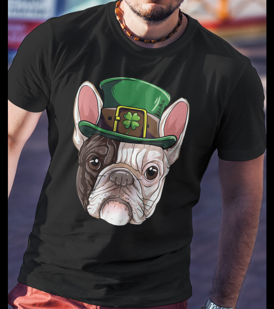 French Bulldog Leprechaun St Patricks Day Dog Wearing Green Hat With Shamrock T-Shirt