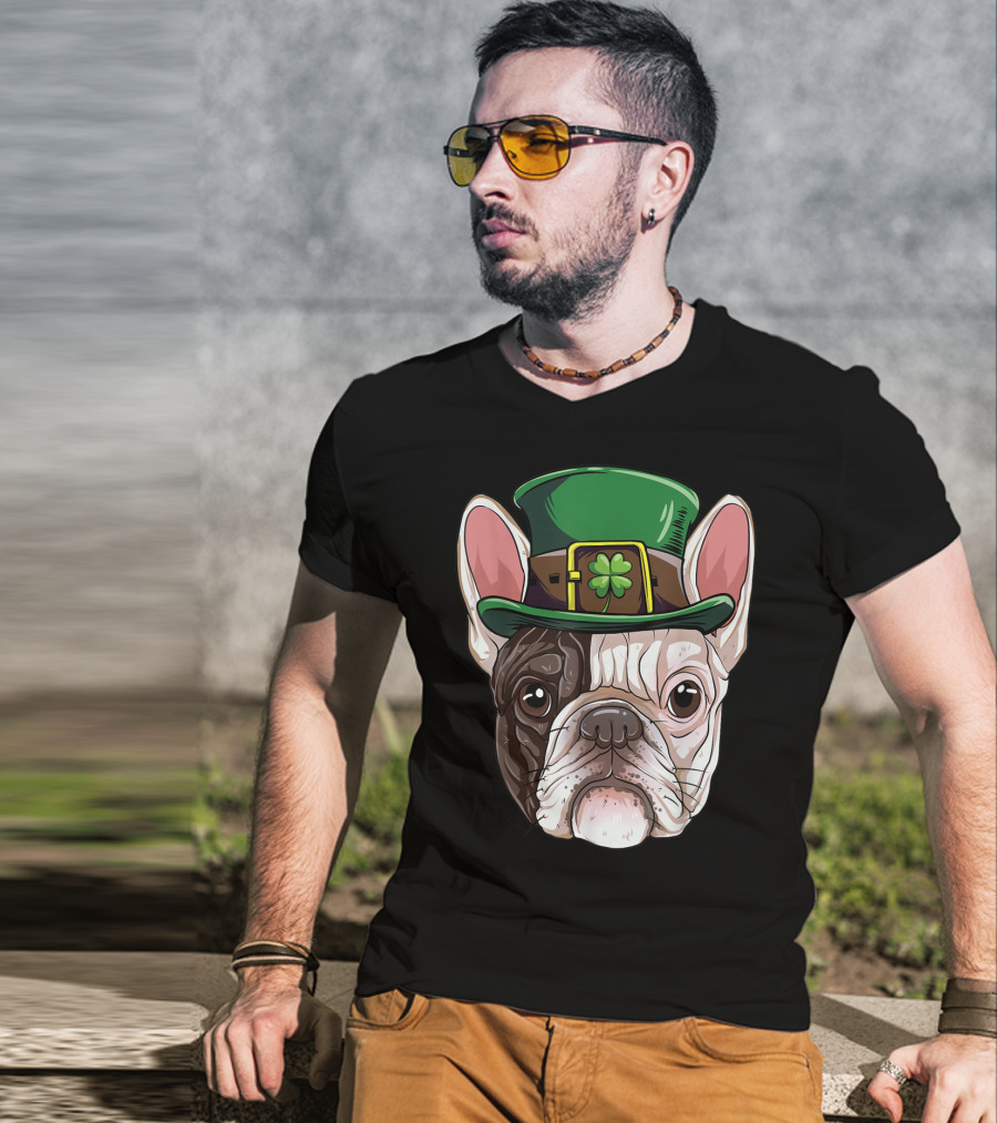 French Bulldog Leprechaun St Patricks Day Dog Wearing Green Hat With Shamrock T-Shirt