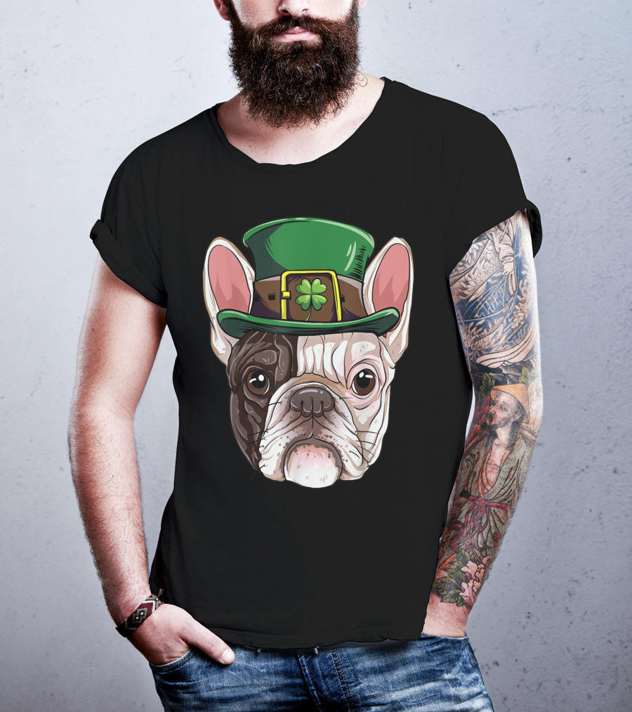 French Bulldog Leprechaun St Patricks Day Dog Wearing Green Hat With Shamrock T-Shirt