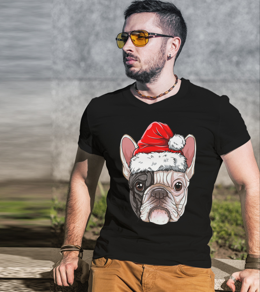 French Bulldog In Santa Hat Christmas T-Shirt