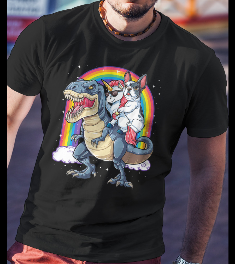 French Bulldog Unicorn Riding Dinosaur Rex With Rainbow Stars T-Shirt