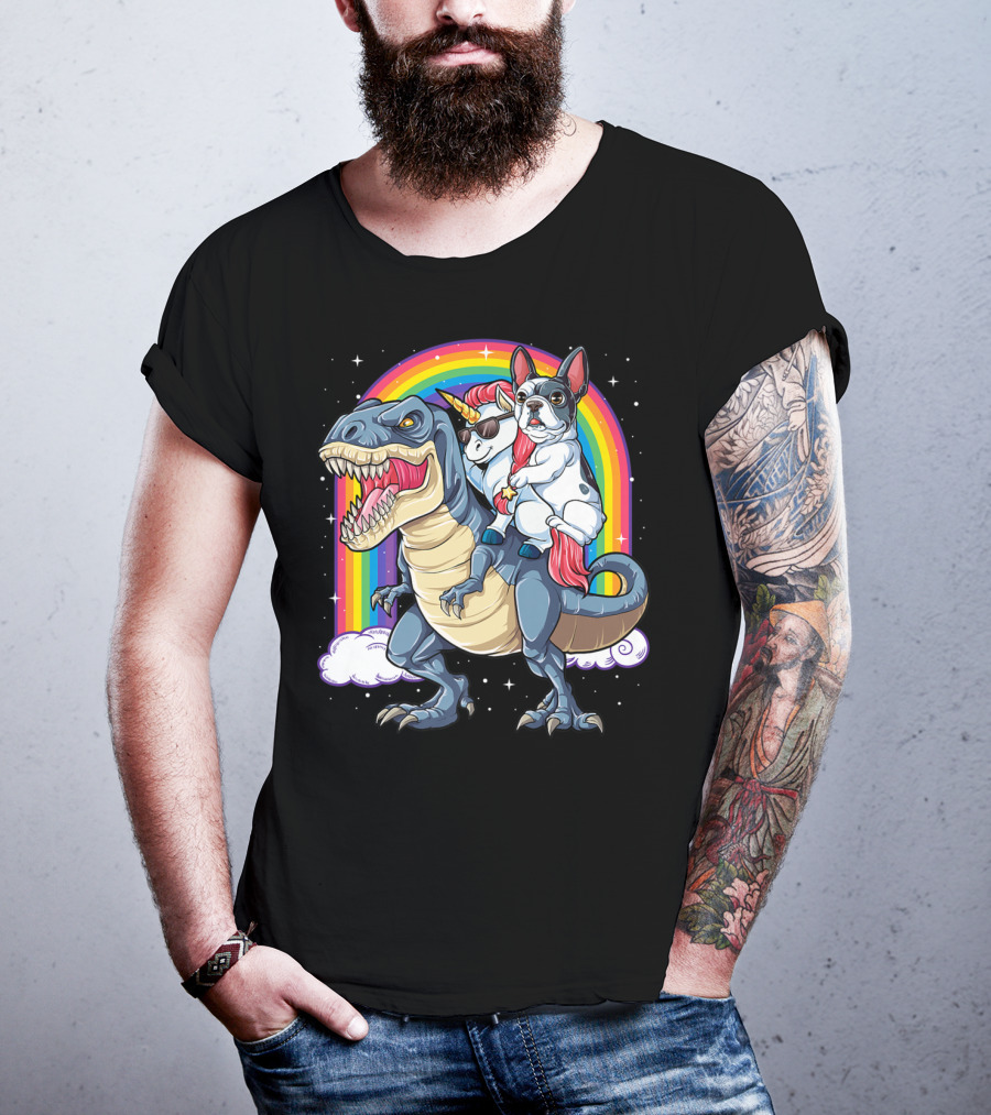 French Bulldog Unicorn Riding Dinosaur Rex With Rainbow Stars T-Shirt