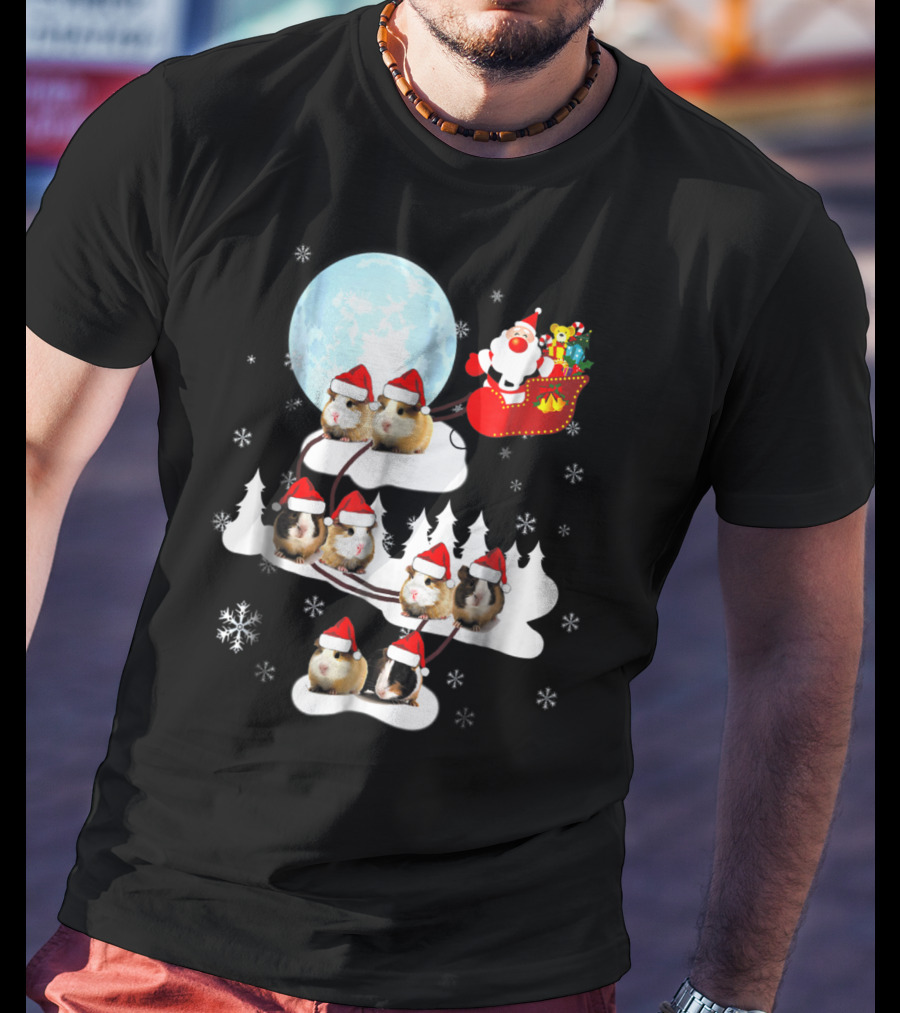 Santa Sleigh With Christmas Guinea Pigs And Snowflakes T-Shirt