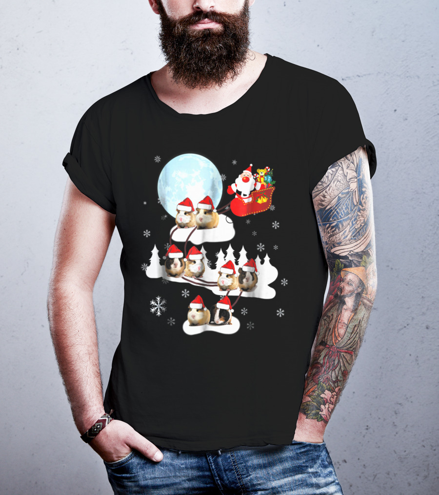 Santa Sleigh With Christmas Guinea Pigs And Snowflakes T-Shirt