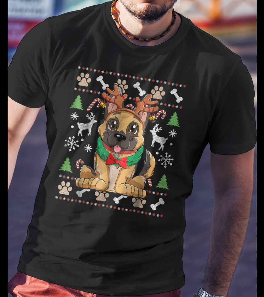German Shepherd Dog With Reindeer Antlers Christmas Holiday T-Shirt