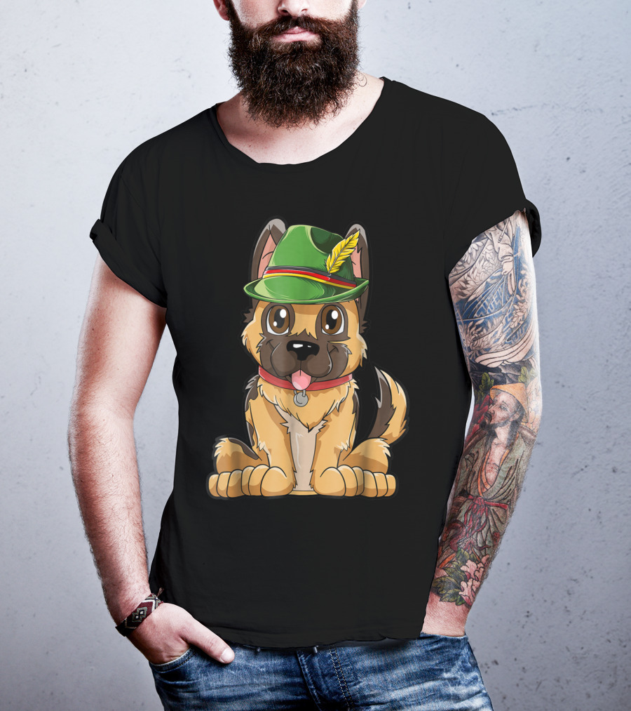 Cute German Shepherd Dog With Oktoberfest Hat Boys Lederhosen T-Shirt