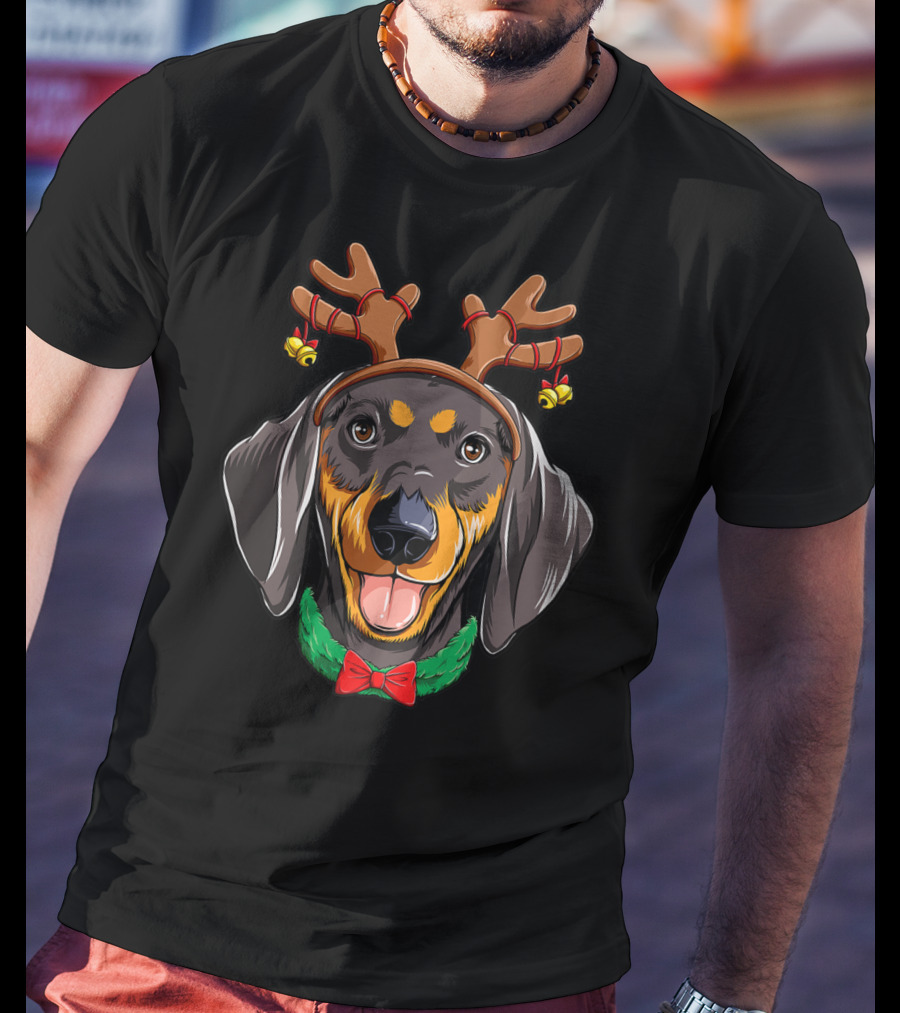 Dachshund With Christmas Reindeer Antlers And Festive Dog Bowtie T-Shirt