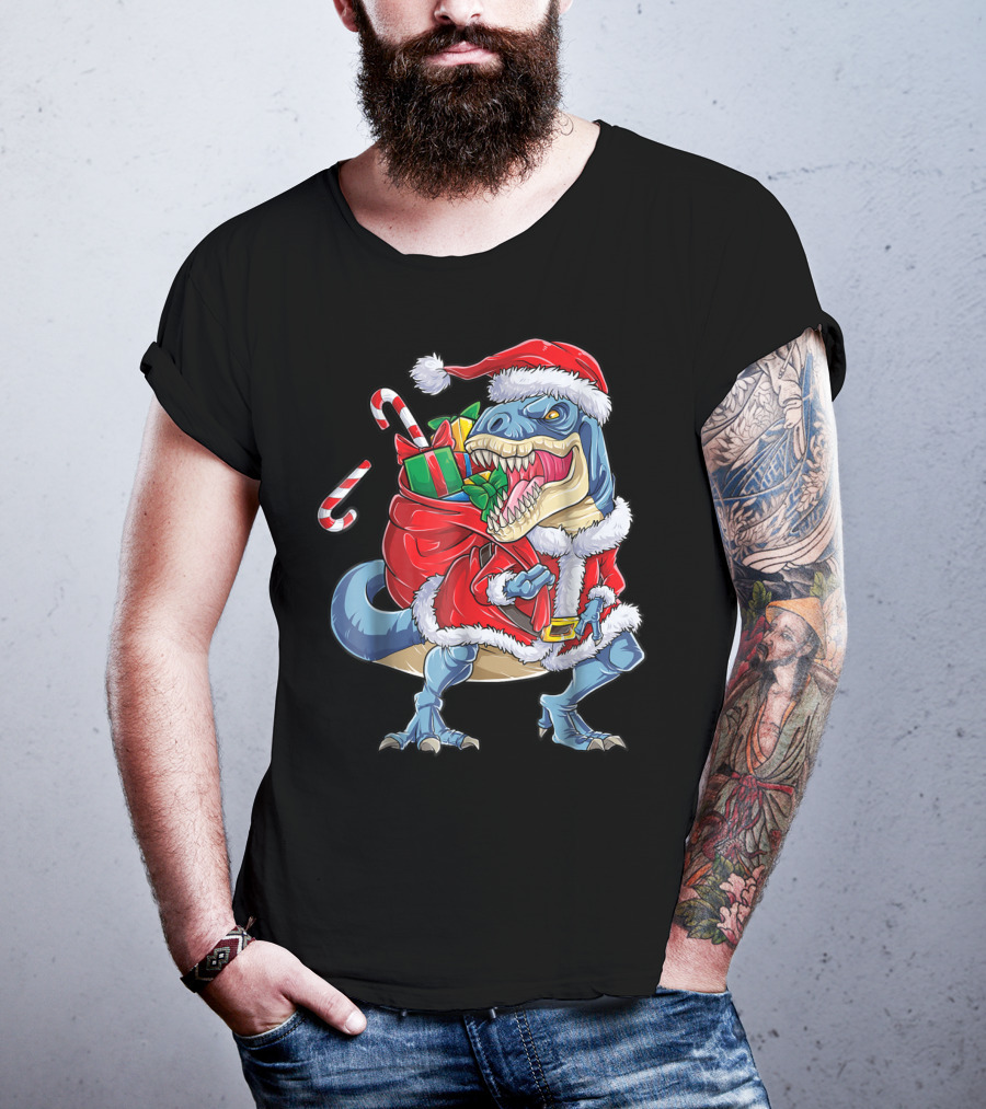 Santa Rex Dinosaur Christmas Boys Kids Xmas T-Shirt